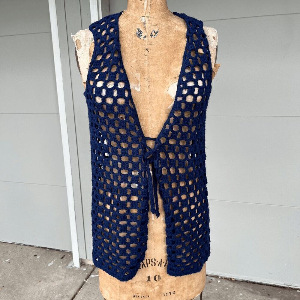 Vintage 1970s Navy Chrochet Macrome Hippie Open Weave Vest Open Front Vest with